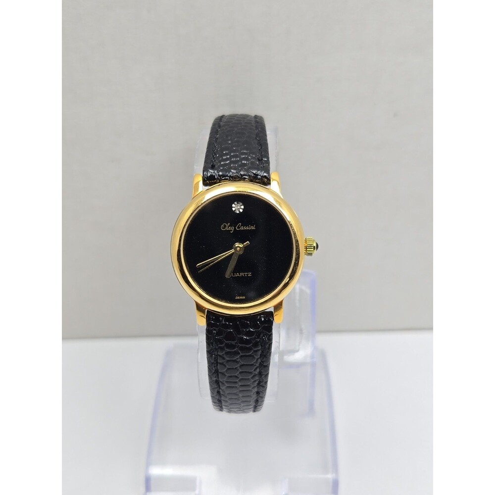 Oleg Cassini Womens Diamond Accent Black Dial Gold Tone Quartz Watch New Battery